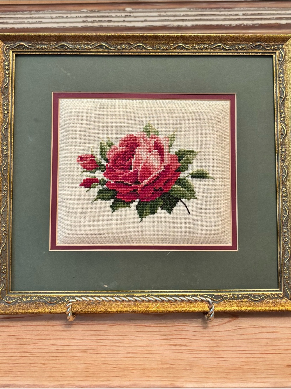 Framed Cross Stitch Rose Wall Art - Pink, Red & Green